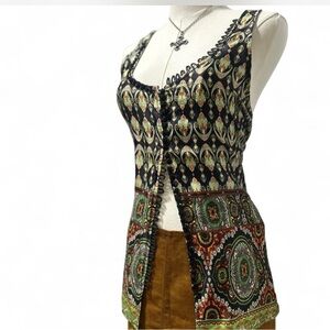 Indie Paisley 100% Silk Sleeve-less Razor Back Napoleon Style Button Down Size L